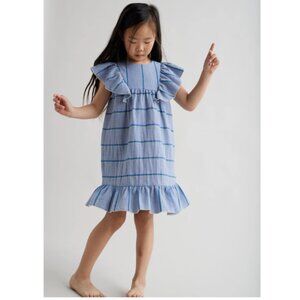 MY LITTLE COZMO DENIM STRIPED RUFFLED SLEEVE DRESS 100% COTTON
